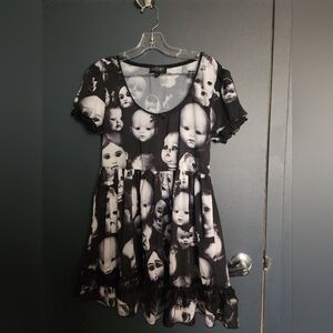 Whimsigoth Widow Black and Gray BabyDoll Dress Doll Head Print Large